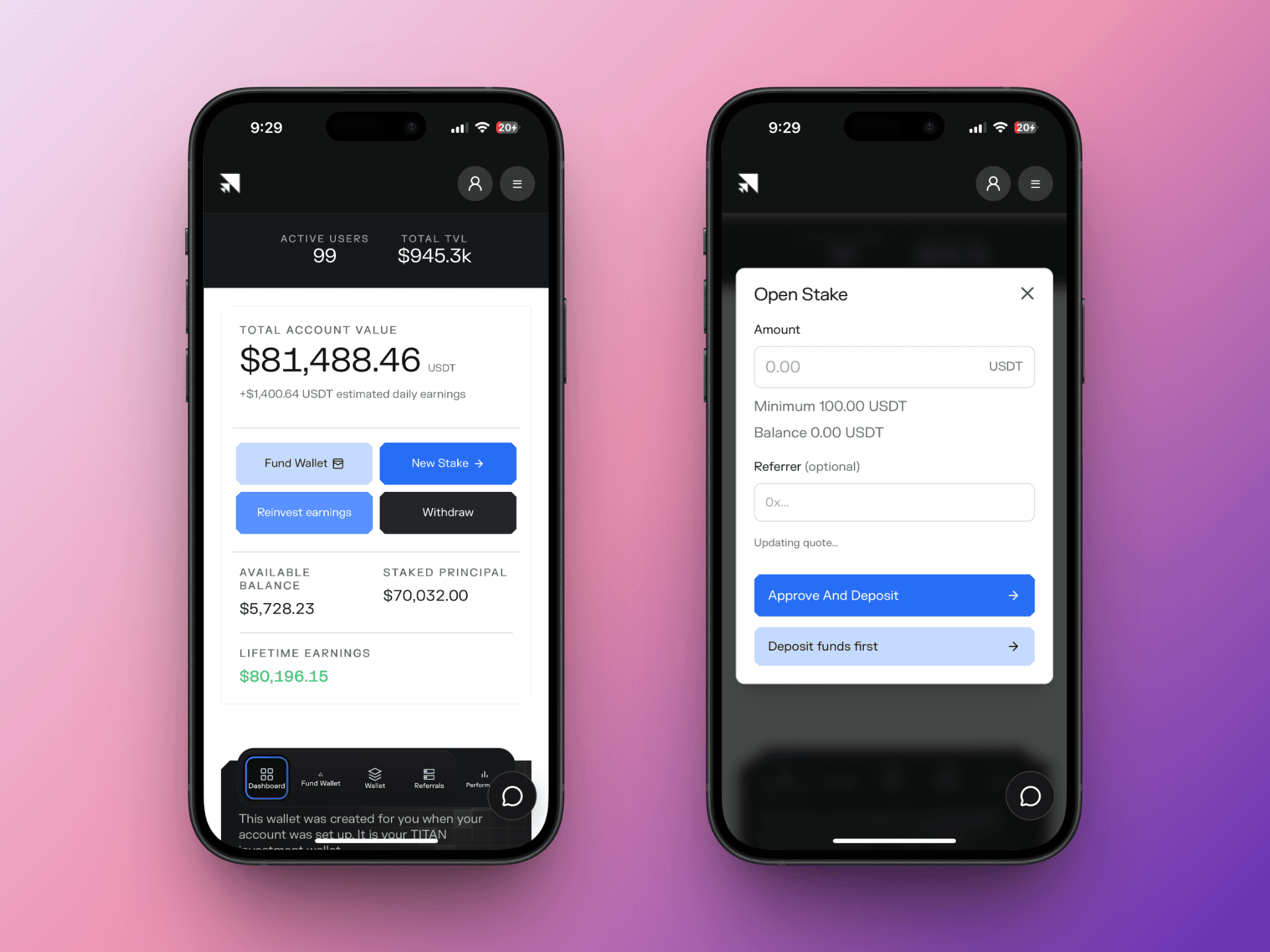 TITANDeFi dashboard and deposit screens displayed on two phones