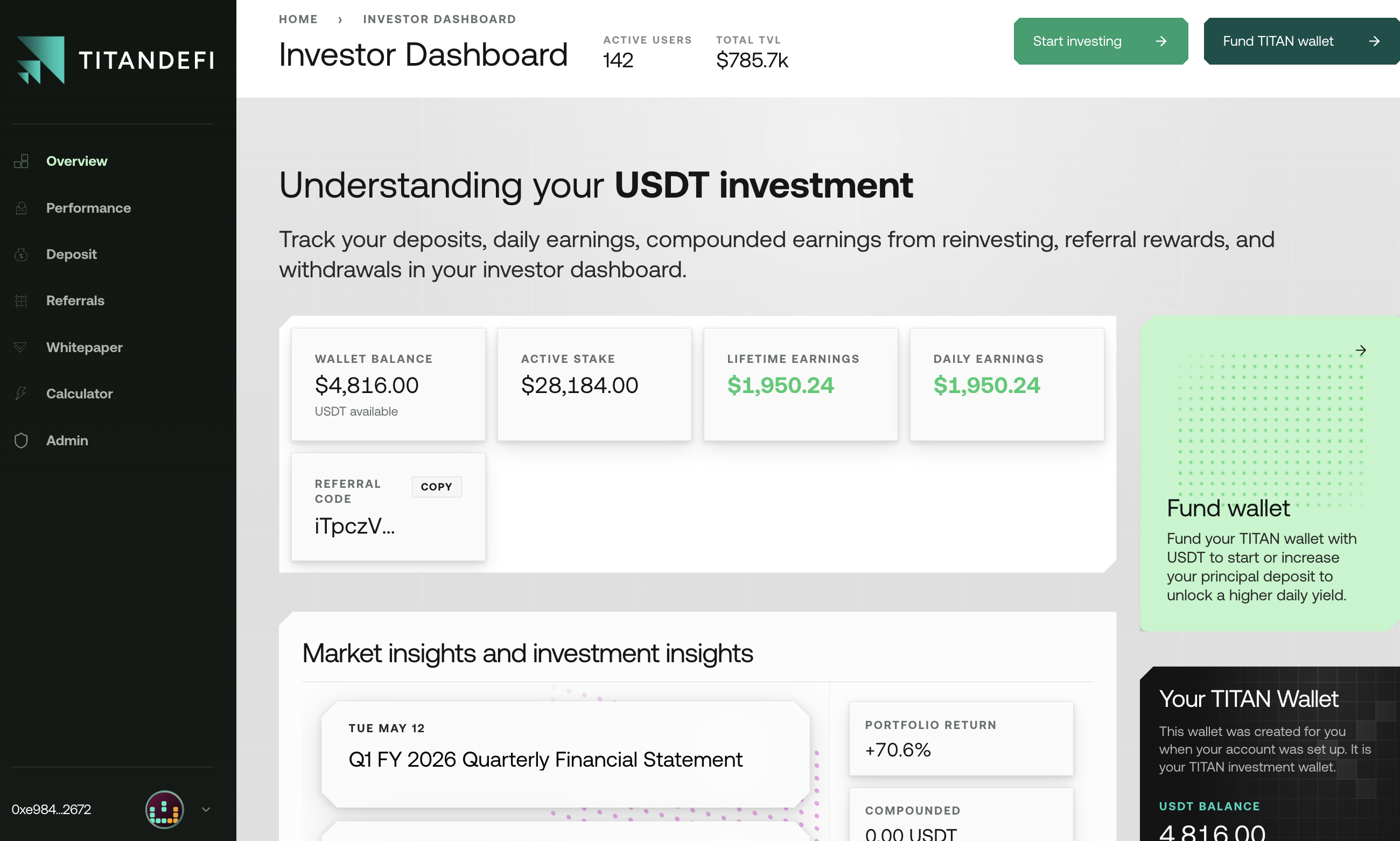 TitanDeFi investor dashboard showing deposits, rewards, and portfolio activity.